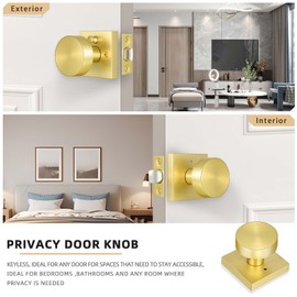 HIMEETIME Privacy Gold Door Knob Interior, Satin Brass Door Knobs with Lock, Modern Round Door Handles for Bedroom Bathroom,Rectangle Rosette