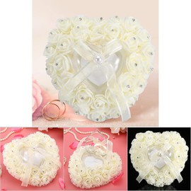 Rings Box Rings Pillow Cushion Rings Pillow Box Romantic Heart Shaped Rings Box Rose Rhinestone Decor Rings Pillow Cushion for Rings Couple Double Rings Bearer Box Engagement Gift Beige