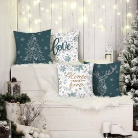 Bonhause Set of 4 Cushion Covers Christmas Winter 45 x 45 cm Flowers Leaves Grey Decorative Cushion Covers for Sofa Bedroom Living Room Home Winter Decoration