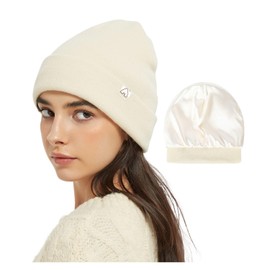 Hat Hut Satin Lined Beanie for Women Men Winter Hats for Women Silk Lining Slouchy Beanie Ski Hat Warm Unisex Cuffed Beanie (Beige)