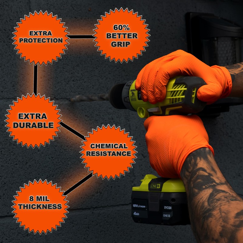 8 Mil Disposable Orange Nitrile Rubber Gloves. Heavy Duty, Food