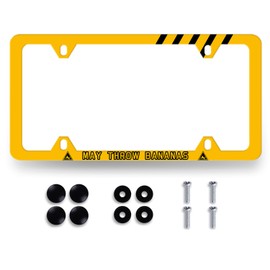 May Throw Bananas License Plate Frame Funny Text License Plate Holder Stainless Steel Colorful Car Accessory with Screws Men Women 12.3" x 6.3" Compatible with Standard License Plate for US Canada