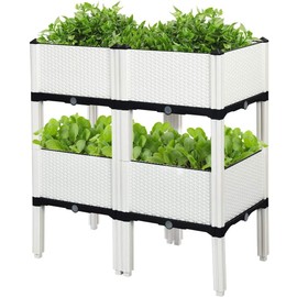GRAFFY Set of 4 Raised Garden Bed Kits, Elevated Garden Beds with Self-Watering Design, Raised Garden Boxes for Flowers Vegetables and Herbs, Planting Box Container for Patio Yard Balcony (White)