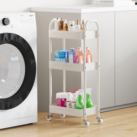 LiWNYRK 3 Tier Narrow Rolling Storage Cart for Laundry Room Organizer & Kitchen Storage, 7.1'' Wide Slim Storage Cart with Wheels and Lockable Casters for Small Space & Between Washer and Dryer, White