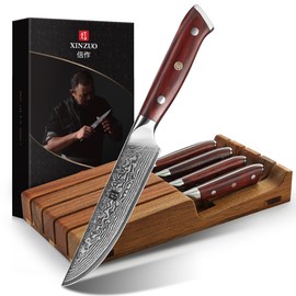XINZUO 5Pcs Steak Knives Set, Non Serrated Dinner Knives with Drawer Knife Holder,67-layer Damascus Steel Kitchen Knife with Rose Wood Handle, Acacia Wood Knife Block