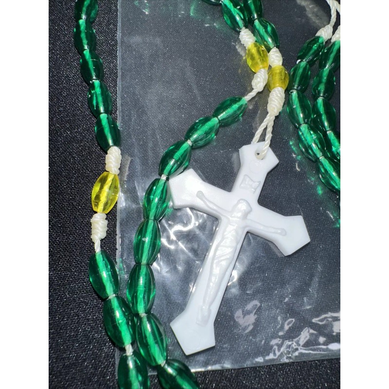 Vintage Catholic Green / Yellow & White Cross Rosary 16"