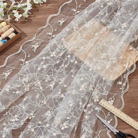 PLIGREAT 3 Yards Flower Embroidery Mesh Lace Fabric Floral Leaves Organza Soft Tulle Fabric French Sewing Lace Trim for Wedding Garment Dresses DIY Crafts Party Home Decor