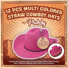 Podzly 12 Pieces 24" Straw Cowboy Hats - Western Style for Men & Women - Country Accessories for Cowgirl, Concerts, Birthdays & More - Multicolored