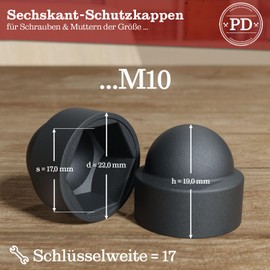 PD® Hexagonal protective caps M10 (wrench size 17), cover caps for screws, anthracite, made of plastic, durable cover caps for nuts and screw head, screw cover, anthracite, pack of 50