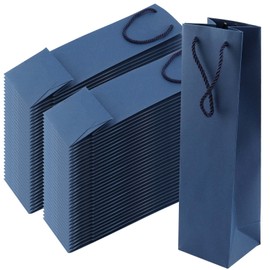 SEUNMUK 40 Pack 3.7 x 3.7 x 13.8 Inch Blue Wine Bags, Paper Wine Bags with Handles, Elegant Wine Bottle Gift Bags for Party, Wedding and Retailing