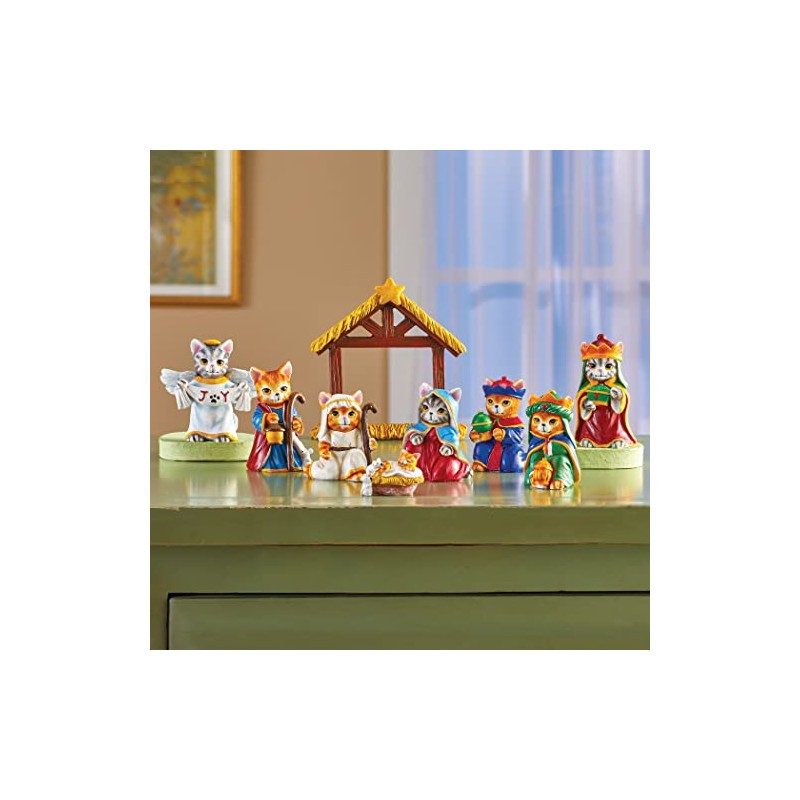 Collections Etc Hand-Painted 9-Piece Cat Christmas Nativity Scene Set