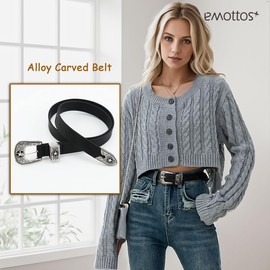 EMOTTOS Women's Vintage Leather Belt- Carving Buckles Belts Western Cowboy Cowgirl for Women, Belt with Exquisite Carving Retro Buckle for Jeans Dress(D-STAR)