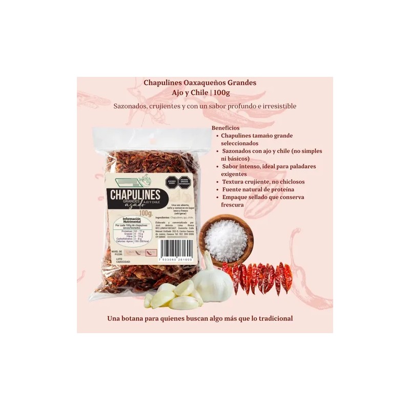 100 G Chapulines Ajo Y Chile Oaxaqueños Grandes Al Vacio