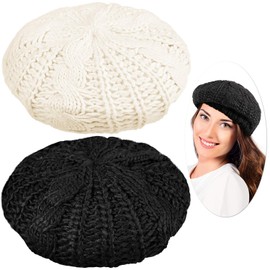 SATINIOR 2 Pcs Women Crochet Beret Solid Color Knit Beanie Hats Lightweight Ladies Beret Hats Slouchy French Berets (Black, Beige)