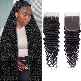 4x4 Deep Wave Lace Closure Brazilian Human Hair Deep Curly Closure Jerry Curl Loose Deep For Black Women Pre Plucked Natural Black (deep wave 4x4 closure, 16inch)