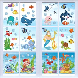 CCINEE 214PCS Ocean Themed Window Cling Stickers,Mermaid Sea Life Fish Window Decals for Kids Party Bathroom Decoration