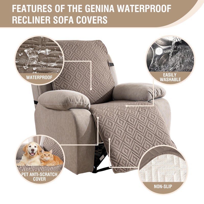 Genina Waterproof Oversized Recliner Chair Covers - 100% Protection, Non-Slip,