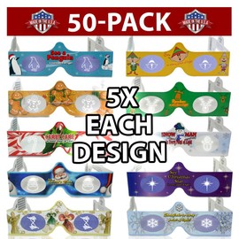 3D Christmas Glasses - 50 Pack - 5 Of Each! Turn Holiday Lights Into Magical Images For A Fun Christmas Experience. Our Holographic Glasses Are Perfect For Entertaining Family, Friends & Colleague