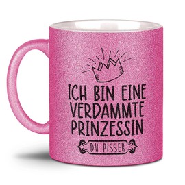 Tassendruck Glitzertasse - Ich Bin eine verdammte Prinzessin - Geschenke für die Beste Freundin, Frauen, Glitter - Hochwertige Keramik, Rosa, 300 ml