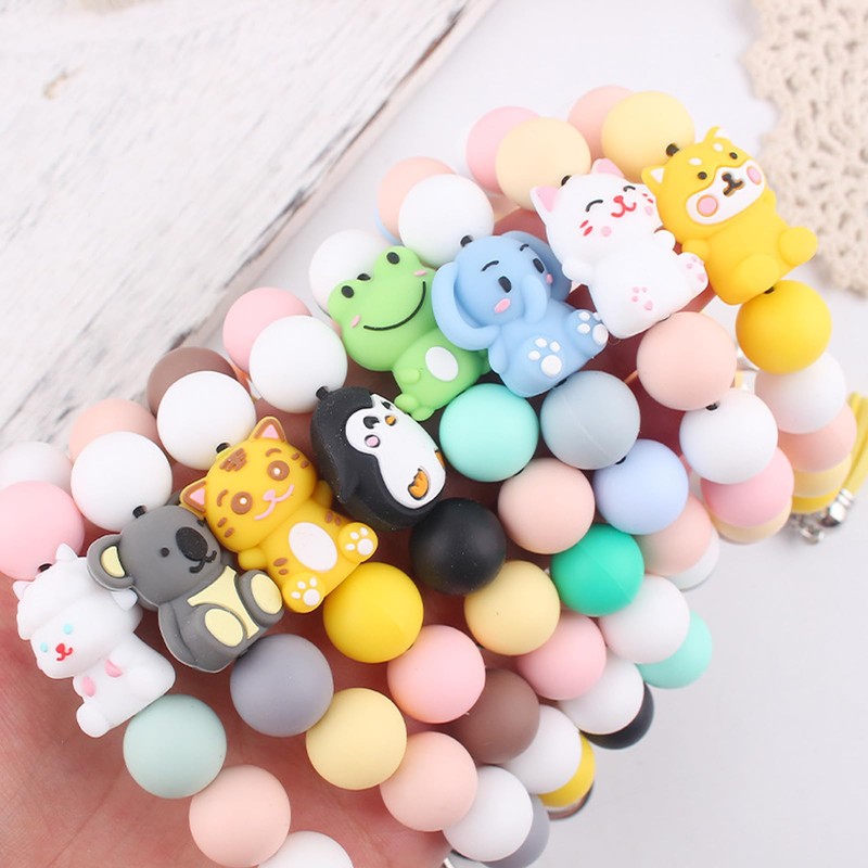 Animals Beaded Silicone Bracelet Wristlet Keychain, Cat Dog Elephant Lamb