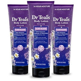 Dr Teals Locin corporal para dormir, humedad 24 horas, con aceites esenciales de melatonina, lavanda y manzanilla, 8 onzas lquidas (paquete de 3)     