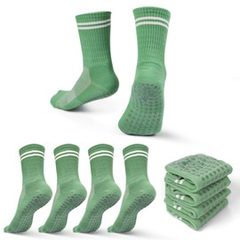 BIZTAMBE Women's Pilates Socks with Grippers – Non-Slip Yoga Crew Socks for Barre, Hospital, Workout (4 Pairs) Green