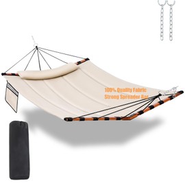 TegerDeger 12FT 2 Person Hammock Large Hammock 450LB Capacity with V Shaped Hardwood Spreader Bar & Nylon Rope for Outside, Patio, Garden, Backyard, Beach, Poolside - Beige