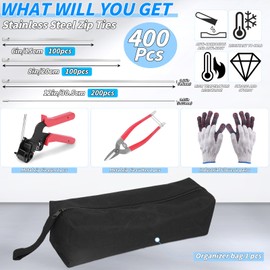 400PCS Metal Zip Ties Gun Kit, 6/8/12 Inch Heavy Duty Metal Zip Ties, Multi-Purpose Self-Locking Cable Tie Tool Set for Vehicles Farms Plants Fences Pipe Bundling, Scissors