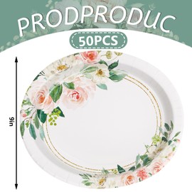 AnyDesign 50Pcs Floral Paper Plates Watercolor Rose Flower Oval Disposable Plates 9 Inch Spring Tableware Dessert Plates for Wedding Bridal Shower