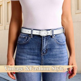SANSTHS Women Leather Belts for Jeans Pants Dresses Fashion Ladies Waist Belt Silver Buckle,white,XL
