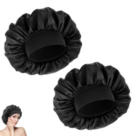 2PCS Silk Hair Wrap for Sleeping, Hair Bonnet for Sleeping, Hair Bonnets for Women, Bonnet for Curly Hair, Satin Hair Bonnet, Soft Satin Bonnet, For Long and Curly Hair (Black)