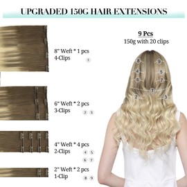 DOORES Hair Extensions Real Human Hair, Ash Brown to Platinum Blonde 150g 9pcs 18 Inch, Clip in Extensions Human Hair Natural Remy Clip in Hair Extensions Silky Straight Thick Human Hair Extensions