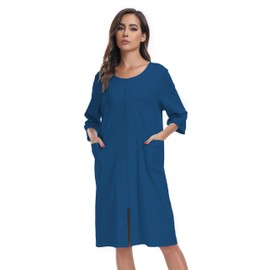 ANLIQI Womens Robes Knee Length 100% Cotton Bathrobes for Women Soft&Lightweight Housecoats Zipper Robes with Pockets(Blue,2XL)
