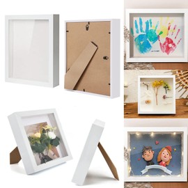 3D Square Frame, 20 x 20 cm, Wooden Shadow Box, Deep Picture Frame, Deep 3D Object Frame, 3D Object Frame Woods, 3 cm Inner Depth (White, Square)