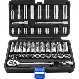 EPAuto 45 Pieces 3/8" Drive Socket Set with 72-Tooth Pear Head Ratchet