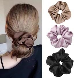 HAPVITAL Chou Chou Chiffon Chou Stylish Adult Hair Rope Hair Elastic Adult Hair Ornaments Large Solid Color Extra Large Elegant Satin Simple Hair Accessories Hair Accessories (Silk Set of 4)