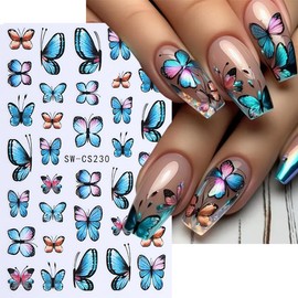 6 Sheets Butterfly Nail Decals for Nail Art Spring Flower Nail Stickers 3D Self-Adhesive Colorful Butterfly Nail Art Stickers Gold Floral Leaf Nail Decoration for Women Girls DIY Manicure Supplies