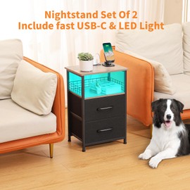 LAKEMID Nightstands Set of 2 with Charging Station, Night Stand with 20 Colors LED Lights and Fabric Drawer, Side Tables Bedroom, End Table with USB Ports and Outlets for Living Room, Office (Grey)