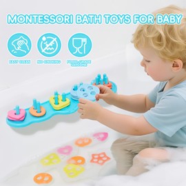 Toddler Bath Toys for Kids, Mold Free Bath Toys Silicone Color and Shape Sorting & Stacking Toys with 20 Textured Floating Pieces and Storage Bag, Early Learning Educational Sensory Toys for Toddlers
