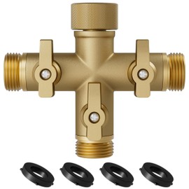 SANTONG Hose Splitter Solid Brass 3 Way + Type Outdoor Faucet and Water Spigot Connector with Shut-Off Valves, 4 Extra Silicone Washers Included