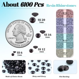 6100Pcs Resin Rhinestones for Crafting with 2Pcs 10ml B7000 Jewelry Glue, 1 Box Flatback Crystals Diomand (Black) for Bedazzling Crafts DIY Nail Art Makeup，Non Hotfix Gems for Clothing Shoes Tumblers