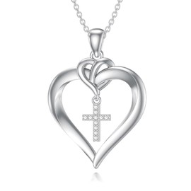 LWXIE Diamond Heart Cross Necklace for Women Sterling Silver Cross Pendant Necklace with Lab Grown Heart Jewelry Gifts for Her