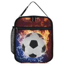 Fire Soccer Lunch Box Insulated Lunch Bag Leakproof Lunch Tote Bag Reusable Small Bento Lunch Box Containers Portable Meal Bags with Side Pocket Cooler Tote Lunchbox Gifts for Daughter Son