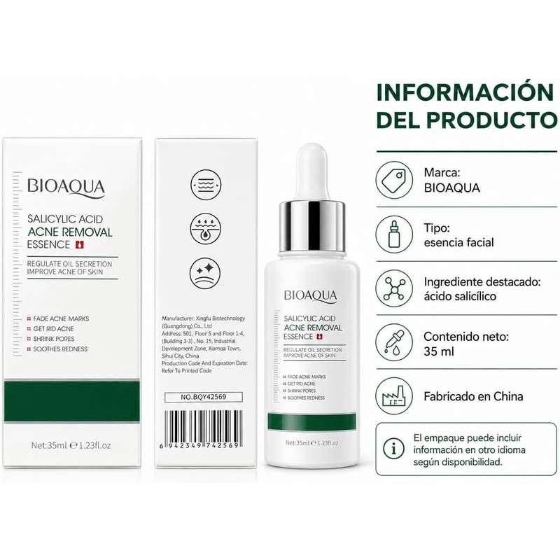 BIOAQUA Sérum Facial con Ácido Salicílico, 35 ml, para Acné,