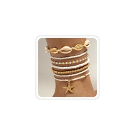 Locrccl Colorful Boho Shell Anklet Bracelet for Women Waterproof Puka Shell Surfer Starfish Bracelet Stackable White Beaded Anklet Hawaii Summer Beachy Foot Jewelry Mermaid Accessories (White)