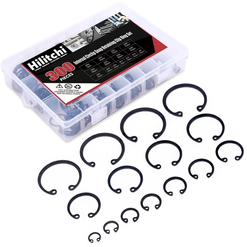 Hilitchi 300-Pcs [15-SIZE] Alloy Steel Internal Circlip Snap Retaining Clip