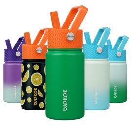 BJPKPK 15oz Kids Water Bottle, Insulated Water Bottle with Straw Lid, Reusable Leak Proof BPA-Free Thermos, Kids Stainless Steel Metal Cups with 2 Straws, 1 Straw Brush-Matcha