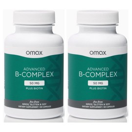 Omax3 2 Bottles - Advanced Vitamin B Complex 50MG with Biotin | Strong & Shiny Hair, Skin Nails, Support Stress, Immunity, Energy Metabolism, 90 Capsules/per Bottle