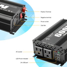 600W Power Inverter DC 12V to AC(2 Outlets) 110V Car Charger Plug Inverter Adapter Converter with 4.2A Dual USB Charging Ports for RV Camping Travel