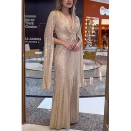 xxxiticat Women's Sequin Prom Dress Long Cape Sleeve V Neck Front Twist Knot Evening Party Wedding Slit Maxi Gown Dresses(GO,S) Gold